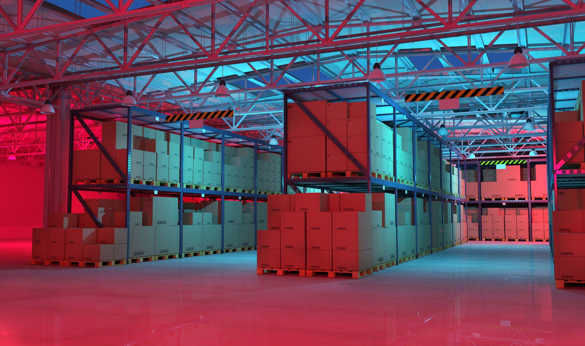Modern warehouse full of goods and cardboard boxes at night